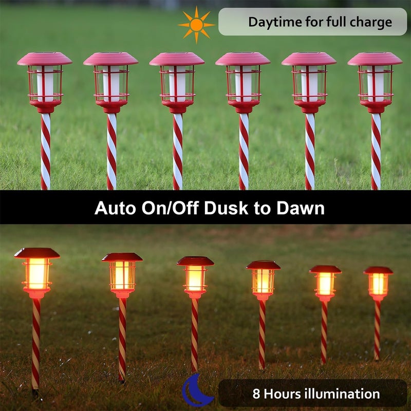 Dynaming 6 Pack Christmas Solar Flame Garden Lights Outdoor, Dual Use Flickering Flame Torch Candy Cane Pathway Marker, Xmas Hanging Lantern Lights, Waterproof & Auto On/Off for Patio Walkway Driveway - Image 3